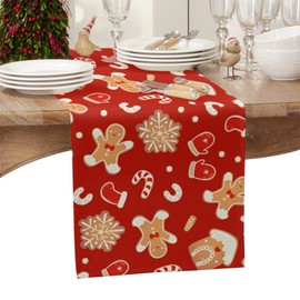 Linen Burlap Table Runner, Christmas Red Gingerbread Man Candy Table Runners for Catering Events, Dinner Parties, Wedding, Spring Holiday, Indoor Outdoor Parties - 13x70 inch