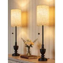 Buffet Table Lamps Set of 2 - 28" Tall Skinny Black Resin Table Lamp for Living Room - Traditional Rustic Candlestick Lamp with Pull Chain for Console Table,Dining Sideboard,Entryway,Hallway,Bedroom