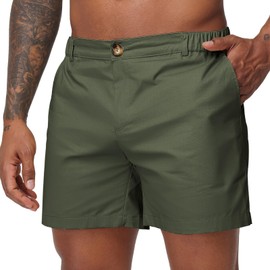Oymyakon Men's 6 Inch Shorts Casual Cotton Flat Front Chino Shorts Summer Elastic Waist Pull On Short with Pockets ArmyGreen L