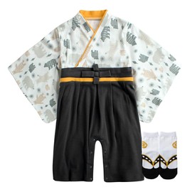 Augelute Hakama Romper and Socks Set, Open Front, Boys and Babies, Little bear, 90