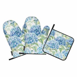Samgula Teal Blue Flower Oven Mitts and Pot Holders Sets Hydrangea Nature Spring Summer Heat Resistant 3pcs for Cooking Baking BBQ