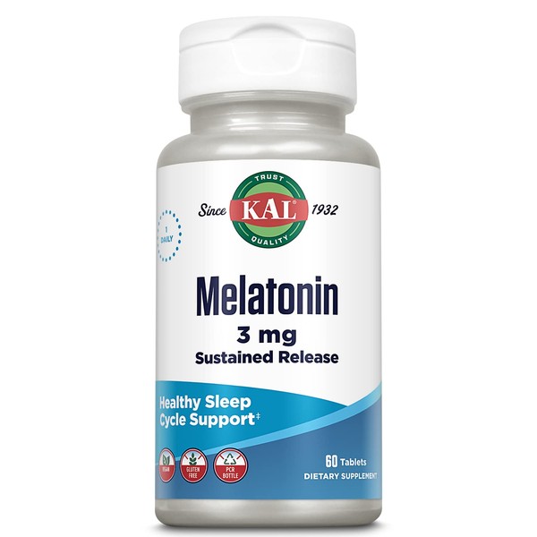 KAL Melatonin 3mg Sustained Release Sleep Aid, Melatonin Supplement Supports Healthy Relaxation, a Calm Feeling and a Proper Sleep Cycle, w/ Added Vitamin B6, Vegan, Gluten Free, 60 Serv, 60 Tablets