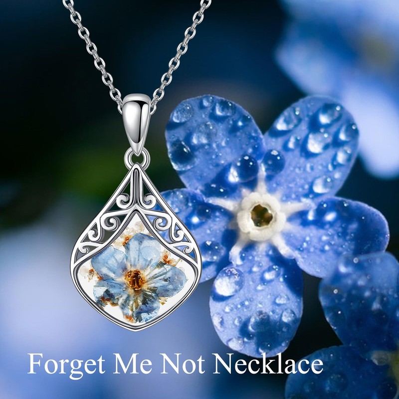 CUPENDA Forget Me Not Flower Necklace Sterling Silver Blue Pressed