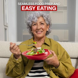 Jayour 4 Pack - Anti-Spill Scoop Plate with Lip Edge | Eating Utensils for Elderly Patients | Scoop Plates for Disabled Adults from Parkinsons, Stroke, Tremor | Non Skid Padded Bottom (Red & White)