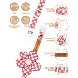 GoldTiger Stylish Black and White Checkered Cat Collar with Flower - Breakaway Safety Collar and Adjustable Size 7.09-12.6 inches for Small to Medium Cats (Pink)