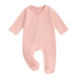 Newborn Baby Clothes Infant Girls Boys Solid Color Long Sleeve Romper Zipper Footed Jumpsuit Playsuit Outfits (Pink, 3-6 Months)