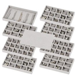 Set of 8 Stackable Jewelry Organizer Trays with 1 Lid for Drawer & Dresser Organizer, Adjustable Velvet Jewelry Box Tray Earring Organizer Necklace Storage Ring Bracelet Display Case (Gray)
