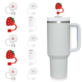 APHAH Silicone Straw Covers - Reusable Straw Tip Covers for Most Straws - Portable, Dust-Proof Cute Straw Topper Variety Pack with Strawberry, Cloud, Flower, and Tumbler Design (4-Pack)