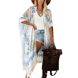 Breezy Lane White Kimonos for Women Swimsuit Coverup Beach Cardigans with Tassel Fringe Floral Print for Summer Vacation