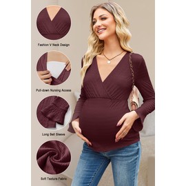 OUGES Wonens Long Bell Sleeve Maternity Shirts Tops Wrap V Neck Soft Stretch Textured Pregnancy Clothes for Women 2025(Wine Red,M)