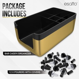 Esatto Professional Bar Products Premium Bar Caddy (Gold), Used to Easily Organize Bar Items and Workspace, With Additional 12 Pourers For Precision Pouring and 12 Pourer Covers