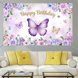 Mocsicka Butterfly Birthday Banner Purple Butterfly Birthday Backdrop for Party Girls Purple Pink Floral Gold Glitter Butterfly Birthday Decorations Banner Background 70.8 x 43.3 Inch