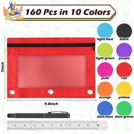 Pencil Pouch for 3 Ring Binder, 160 Piece Bulk 3 Holes Zipper Pencil Pouches in 10 Assorted Colors, Clear Durable Pencil Case for School, Classroom, Office Supplies
