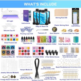 KISREL Kit de fabricación de joyas de resina UV, 400 g, resinas transparentes con luz y moldes, kits de resina para hacer joyas, kit de inicio de resina para llavero, clip para el cabello y arete