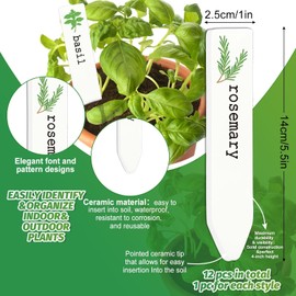 JarThenaAMCS 12 etiquetas de cerámica para plantas de hierbas, 12 estilos, marcadores de hierbas para jardín, impermeables, etiquetas de estaca para nombre de plantas, para guardería, decoración de