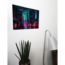 The Plum Penguin Cyberpunk Cityscape Wall Art Twin Set A4 Size 6mm MDF Neon Nightscape Decor Canvas Alternative 40 x 30cm