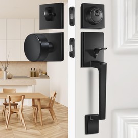 BonKuDoo Front Door Handle and Deadbolt Set, Front Door Lock Set with Black Door Knob, Front Door Handleset Matte Black