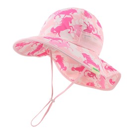 PESAAT Summer Toddler Girl Neck Protection Hat Wide Brim Kids Boys Bucket Hats UPF50+ Mesh Beach Cap 3-8 Years (Pink Horse)
