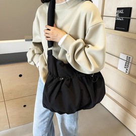 GOQUFOY Cute Black Tote Bag for Women,Crescent Nylon Crossbody Bags for Women Medium Size Hobo Cross Body Purses Handbags Trendy College Shoulder Bag with Pockets Travel Everyday Work Messenger Teens