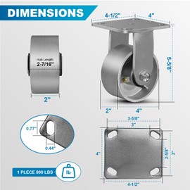 FOVERSWIVE 4"x2" Industrial Caster Wheels Heavy Duty 3200 lbs - Cast Iron/Steel Rigid Casters Set of 4 for Warehouse Equipment, U-Boat Carts, Workshop Benches