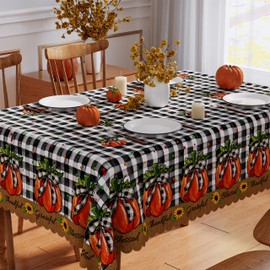 Fall Tablecloth 60x84 Inch Rectangle, Buffalo Plaid Pumpkin Table Cloth Scalloped Edge Waterproof Table Cover Seasonal Autumn Thanksgiving Holiday Picnic Party Decorations