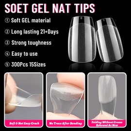 Bellelfin Short Coffin Nail Tips, 300Pcs Coffin Gel X Nails Tips Clear Press on Nails Soft Gel Acrylic Nail Tips Full Cover Fake Nails for Nail Extension DIY Home Nail Art 15Sizes