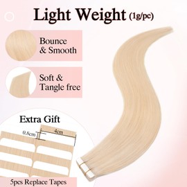 SEGOHAIR 10Pcs Human Hair Tape in Extensions, 12" Thin Tape Hair Extensions,Human Hairpieces Tape in Hair Extensions with 5pcs Replacement Tape Platinum Blonde(15g)