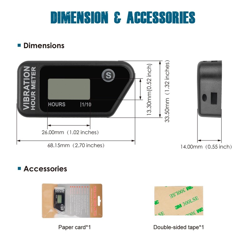 Runleader LCD Vibration Hour Meter for Maintenance,No-Cable & Screen Locking