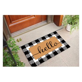 PANSHA Entryway Hello Door Mat 16 x 24”, Non Slip Black and White Buffalo Plaid Doormat, Low Profile Floor Mat Suitable for Front Door Indoor Inside Home Entrance