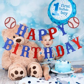 Baseball Happy Birthday Banner Blue and Red Glitter, Baseball Birthday Banner Rookie of The Year Birthday Banner for Sports Theme Baseball Birthday Party Decorations Supplies