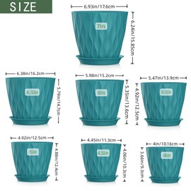 SQKH 7 Pack Plant Pots, 7/6.5/6/5.5/5/4.5/4 Inch Plastic Flower Pots with Drainage Holes and Trays for Indoor & Outdoor Planters,Green