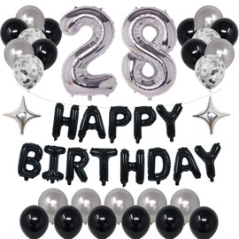 NANINUNENO 28th Black Silver Birthday Party Decorations for Men Women, Happy 28 Birthday Party Supplies with Black Happy Birthday Banner, Silver Foil Stars, Happy Birthday Balloons for 28th Birthday