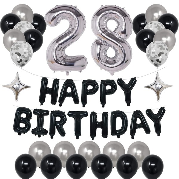 NANINUNENO 28th Black Silver Birthday Party Decorations for Men Women,