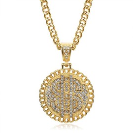 MIVEIVIA Dollar sign NK Chain Iced Out Round Coin Pendant Necklace Hip Hop Iced Out Chain Sports Star Pendant Rap Punk Rock Clubs CZ Diamond Bling men jewelry Cuban Link chain for men