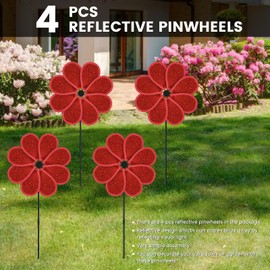 DECEED 4PCS 11.4" W x 28" H Reflective Pinwheels Sparkly Lawn Wind Spinners Colorful Rainbow Windmill for Garden Decoration Bird Devices Deterrent to Scare Birds Away (Red)