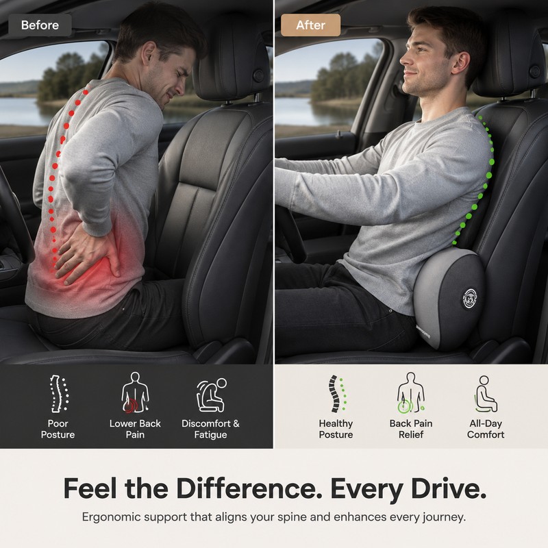 Car Lumbar Support Pillow for Driving – Memory Foam Back
