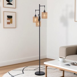 YJSQOEOE Rattan Floor Lamp for Living Room with 3 Lights,Boho Standing Lamps with Rattan Shades, Rustic Black Vintage Standing Light 70" Tall Tree for Office, Reading, Corner, Blub Included