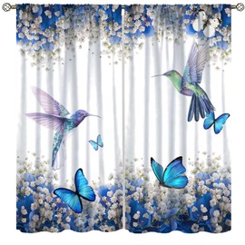XBDDZSW Hummingbird Flower Watercolor Spring Garden Theme Blue Flowers Butterfly Hummingbird Pattern Printed Curtains for Bedroom and Living Room - W42 * L63 Inches