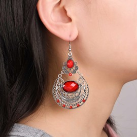 Allereya Boho Ethnic Drop Earrings Silver Tribal Drop Earrings Red Ruby Drop Earrings Fillgree Water Drop Earrings Ethnic Gypsy Chandelier Earrings Jewellery for Women, Zinc, No Gemstone