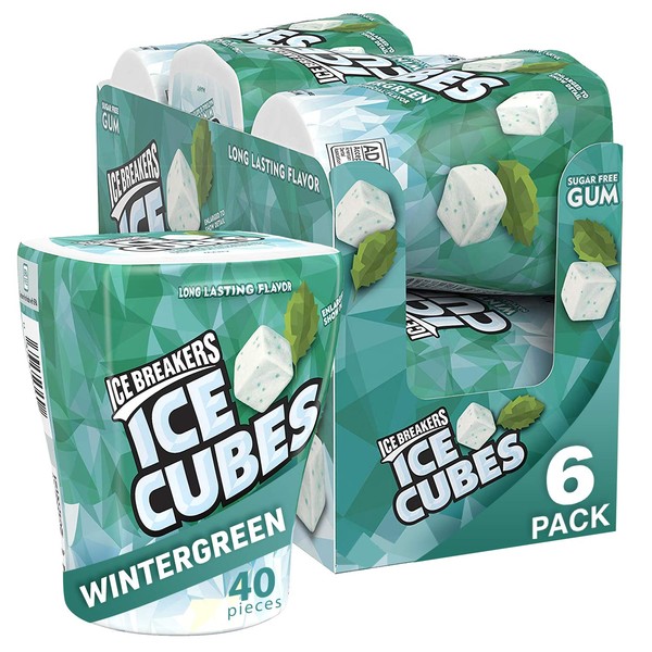 Ice Breakers Ice Cubes Sugar Free Gum with Xylitol, Wintergreen, 40 Count, Pack of 6