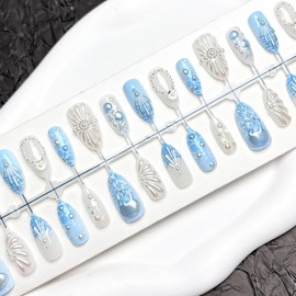 30Pcs Handmade Almond Press on Nails Thick Acrylic Fake Nails Blue French Tip False Nails with 3D Shell Jellyfish Pearl Design Ocean Theme Nails Press ons Reusable Stick on Nail for Women