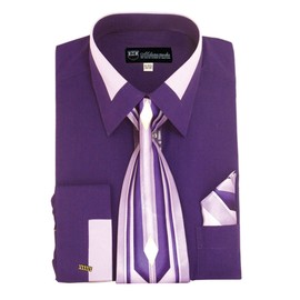 Milano Moda High Fashion Dress Shirt with Contrast Design Tie, Hankie & Cuffs Purple-20-20 1/2-36-37