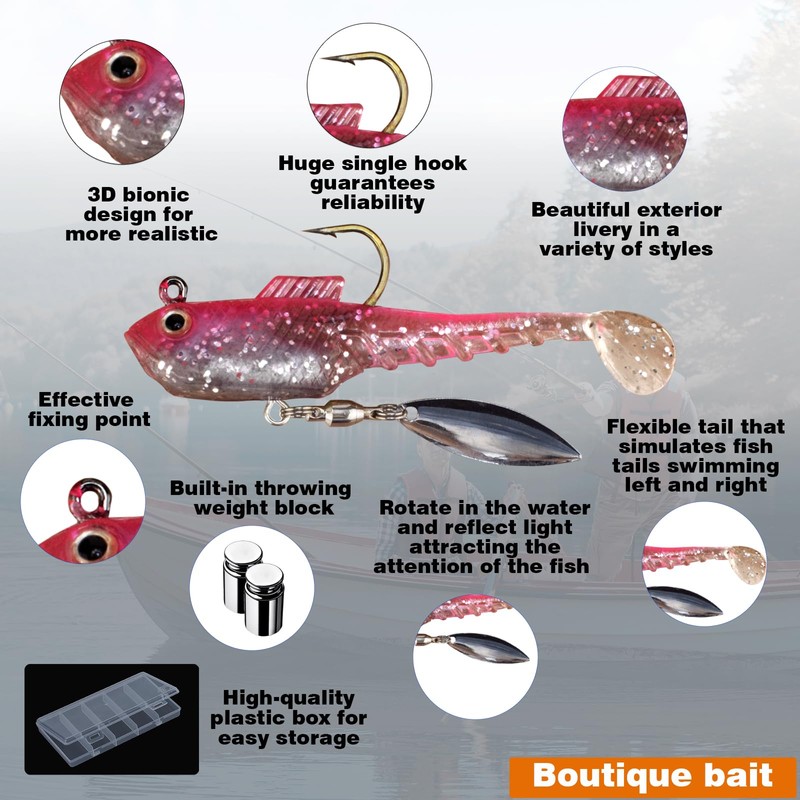 Lanzunn Fishing Lures Set, 5 Pieces, Soft Bait with Spinner
