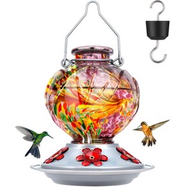 BOLITE Hummingbird Feeder, Hand Blown Glass Hummingbird Feeders for Outdoors Hanging, with Ant Moat and 5 Feeding Ports, 22 Ounces, Peony Flower Shape, Purple, Gifts for Women Men, Gifts for Mom Dad