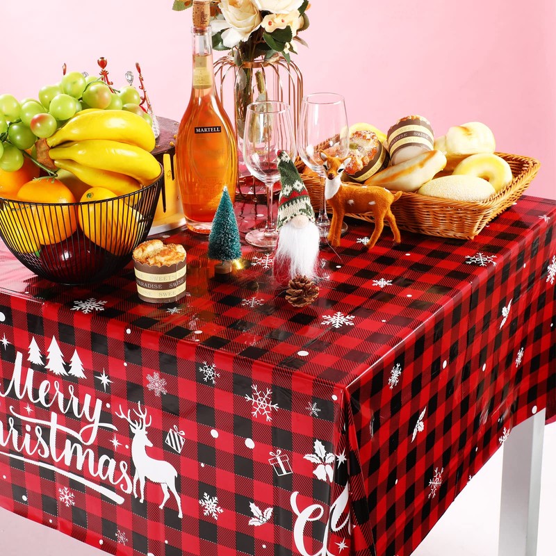 Merry Christmas Buffalo Plaid Table Covers Snowflake Tablecloth Plastic Gingham