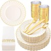 YOUBET 175PCS Ivory Scalloped Plastic Plates - Gold Disposable Dinnerware