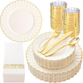 YOUBET 175PCS Ivory Scalloped Plastic Plates - Gold Disposable Dinnerware Set Include 50 Plates, 75 Gold Silverware, 25 Cups, 25 Napkins for Party & Wedding