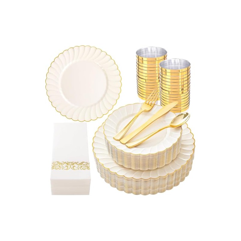 YOUBET 175PCS Ivory Scalloped Plastic Plates - Gold Disposable Dinnerware