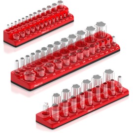 Olsa Tools Magnetic Socket Organizer - 3-Piece Drive SAE Socket Holder Set with Strong Magnets - Professional Tool Holder and Organizer - Stores up to 68 Sockets - Red - Part: 1150