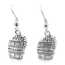 Wine Barrel with Grapes - 20x11mm - Silver alloy charm dangle earrings. Hypoallergenic fishhooks, ball post or clip-on backing options